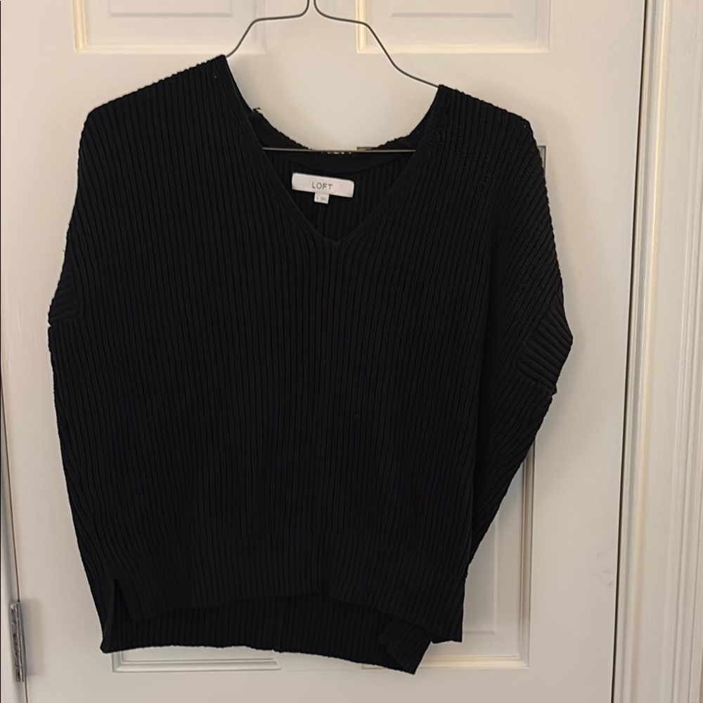 LOFT Black V-Neck Sweater with Ribbed Cuffs
